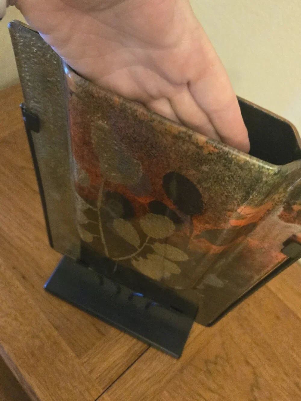 Decorative Fused Art Glass Vase With Metal Frame.gold And Earth Tones